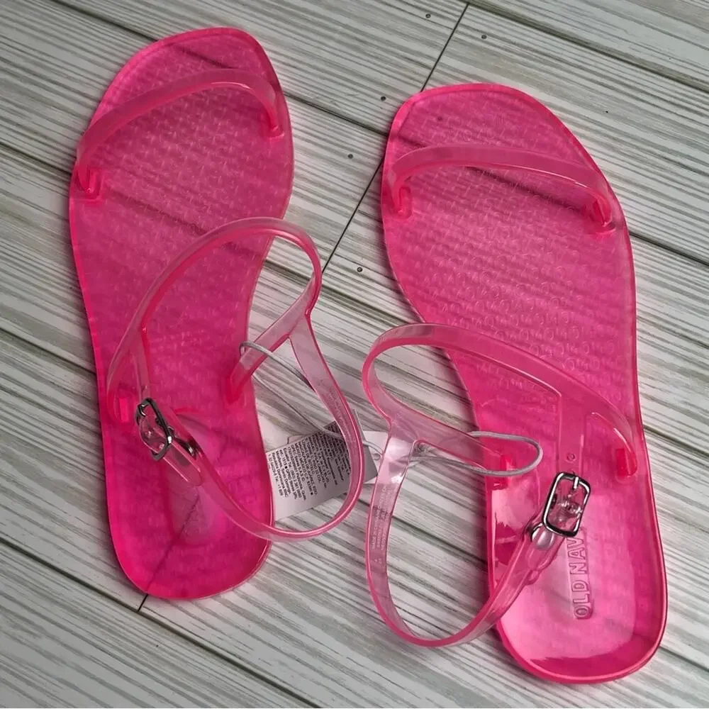 Old Navy Girl's Jelly  Neon Pink Ankle Strap Flat Summer Sandals Sz 4